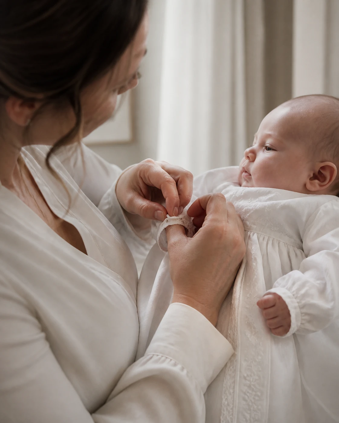 Mama zapina rękaw białego ubranka dziecka podczas przygotowań do chrztu